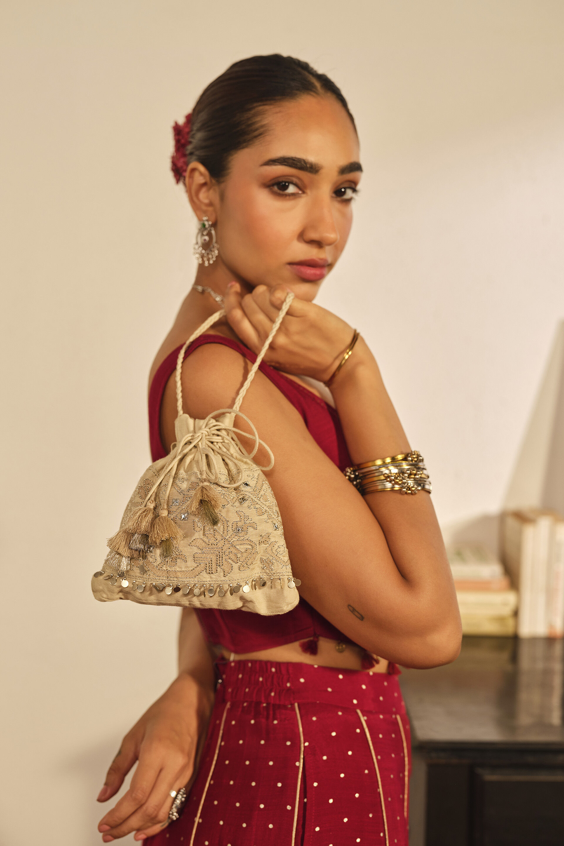 Embroidered Crop Top in Red, Red, image 4